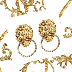 Burnished Gold Rhinestone Lion Statement Earrings